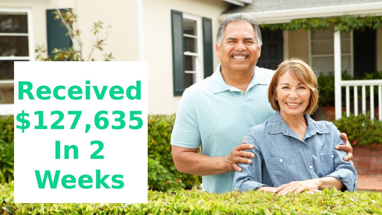 Hero image of couple in front of home with a sign that says 'Received $127,635 in 2 weeks'